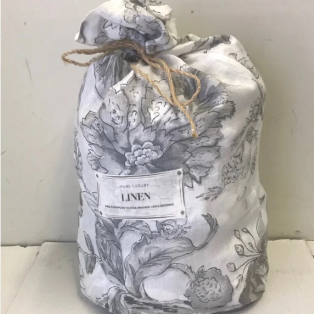Pure Luxury Linen Gray Floral King Duvet Cover Set